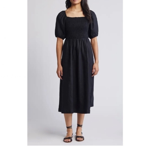 Boden Sky Smocked Short Sleeve Linen Midi Dress - Picture 4 of 16